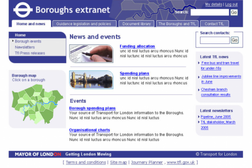 The Boroughs Extranet home page mockup